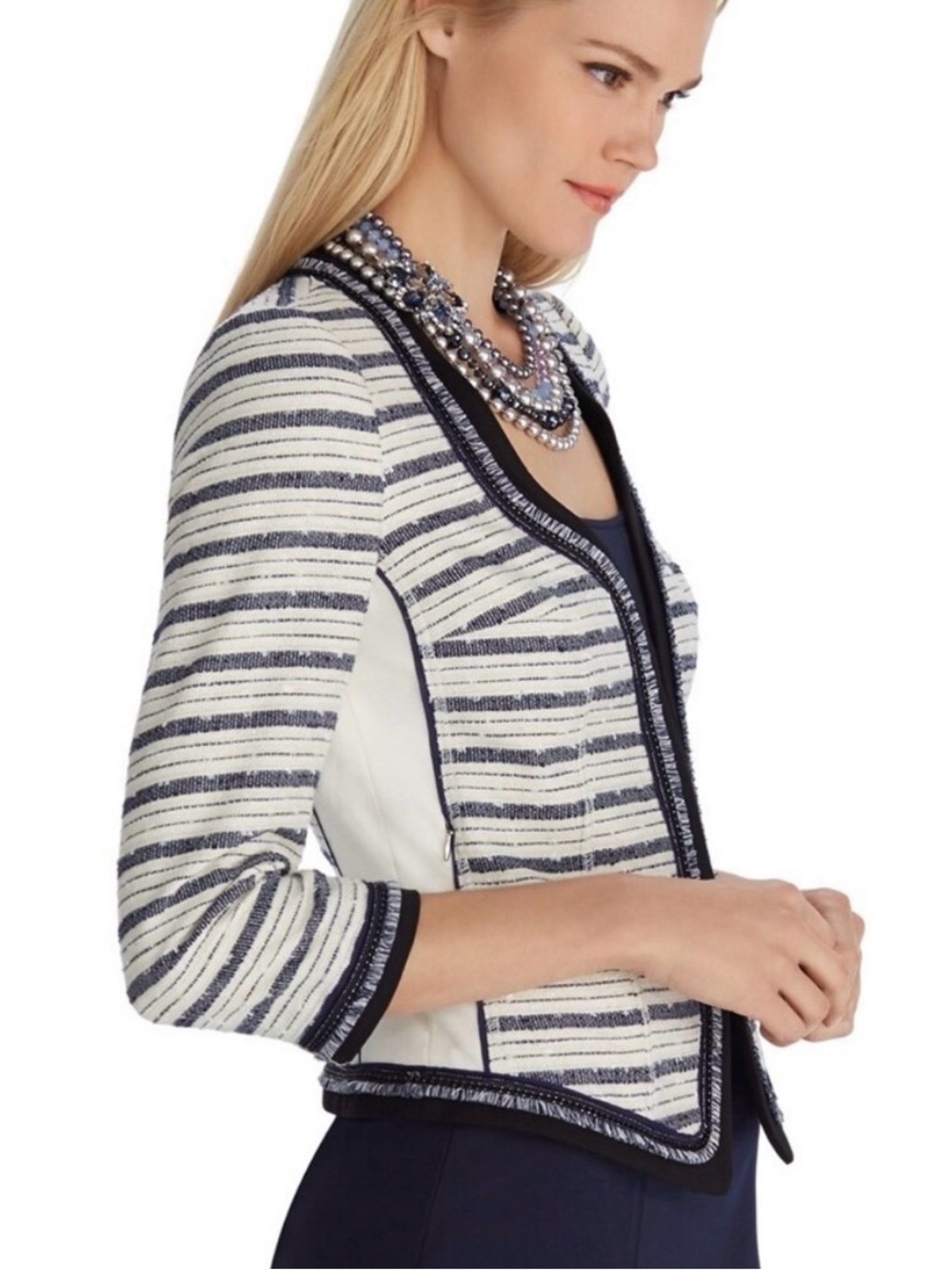 White House Black Market Navy and White Striped Tweed Open-Front Jacket - Picture 3 of 8